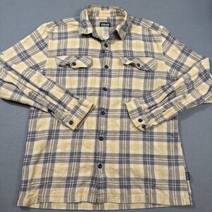 Patagonia Shirt Mens MEDIUM YELLOW Blue Fjord Flannel 100% Organic FLAP POCKETS